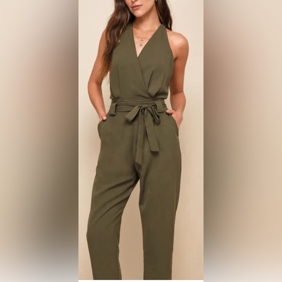 LULUS In The City wrap top jumpsuit olive belted lined 2 pockets NEW size M - Picture 2 of 15